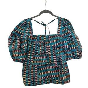 J4. Marie Oliver Vai Top Puff Sleeve Tie Back Boho Check Pattern